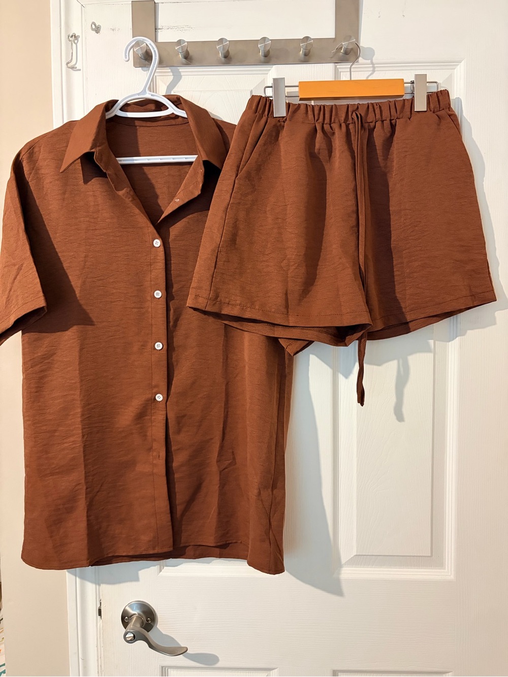 Womens Relaxed Short Sleeve Shirt and Elastic Waist Shorts Set - Brown
